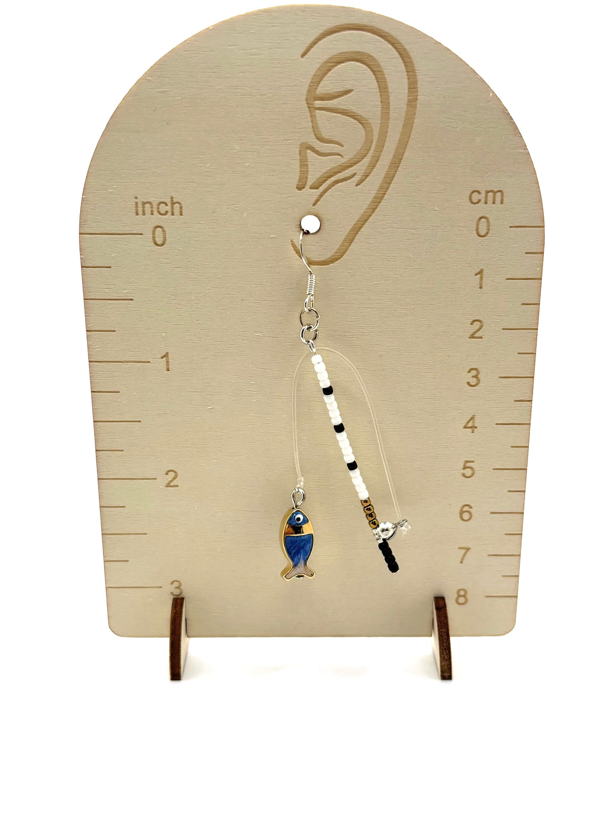 Let’s Go Fishing! Dangle Blue and Gold Bead Fishing Earrings