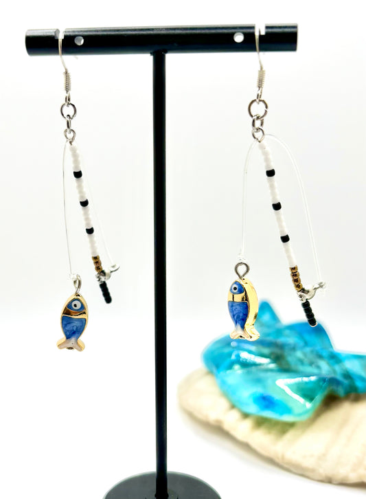 Let’s Go Fishing! Dangle Blue and Gold Bead Fishing Earrings