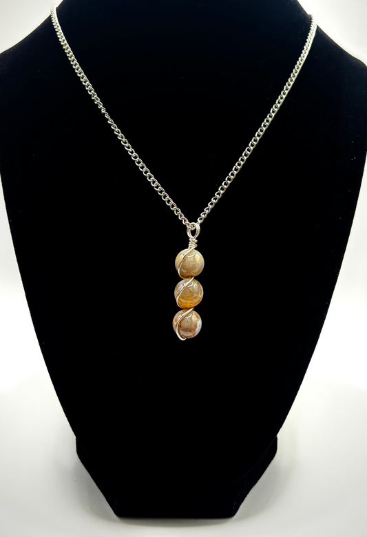 Round Agate Bead Jewelry Set – Wire-Wrapped Pendant Necklace & Coordinating Earrings