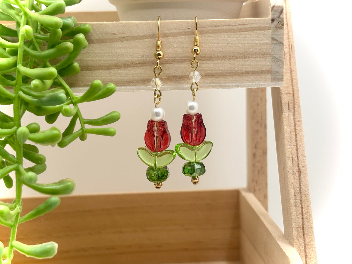 Red Enchanted Tulip Earrings - 18K Gold Plated Hooks