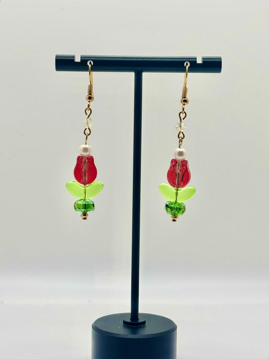 Red Enchanted Tulip Earrings - 18K Gold Plated Hooks