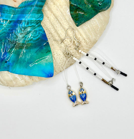 Let’s Go Fishing! Dangle Blue and Gold Bead Fishing Earrings