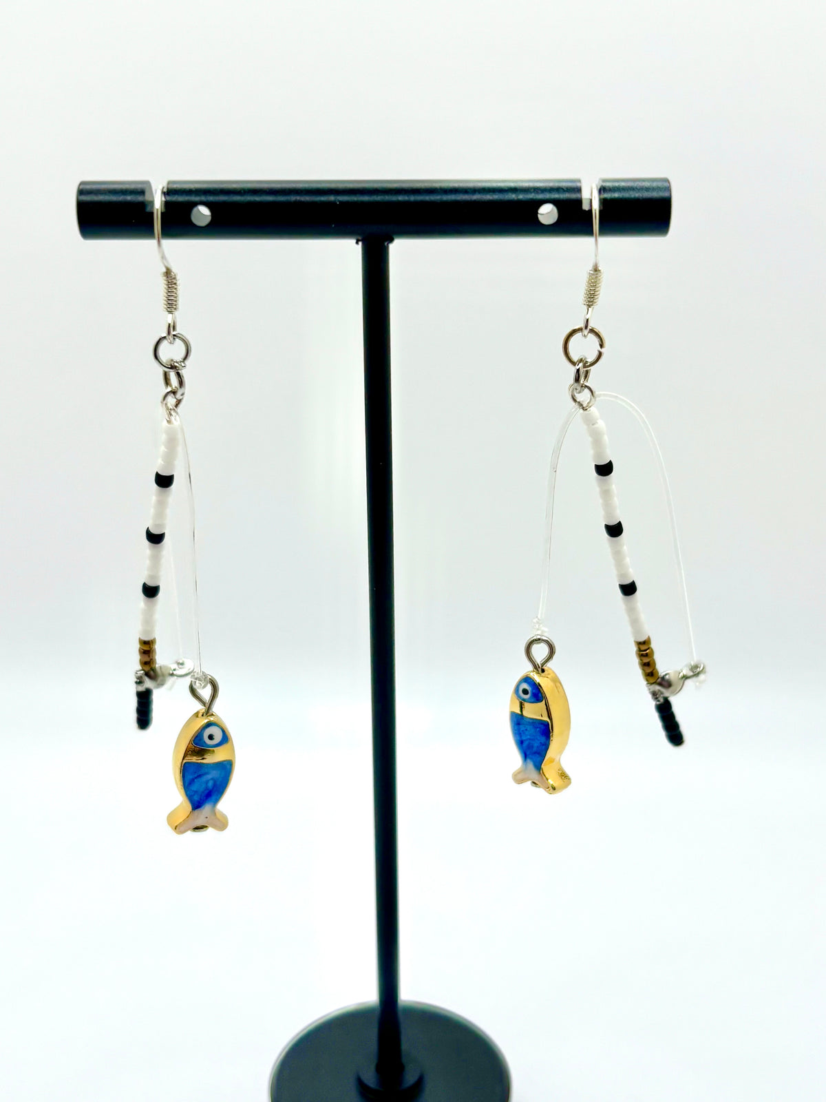Let’s Go Fishing! Dangle Blue and Gold Bead Fishing Earrings