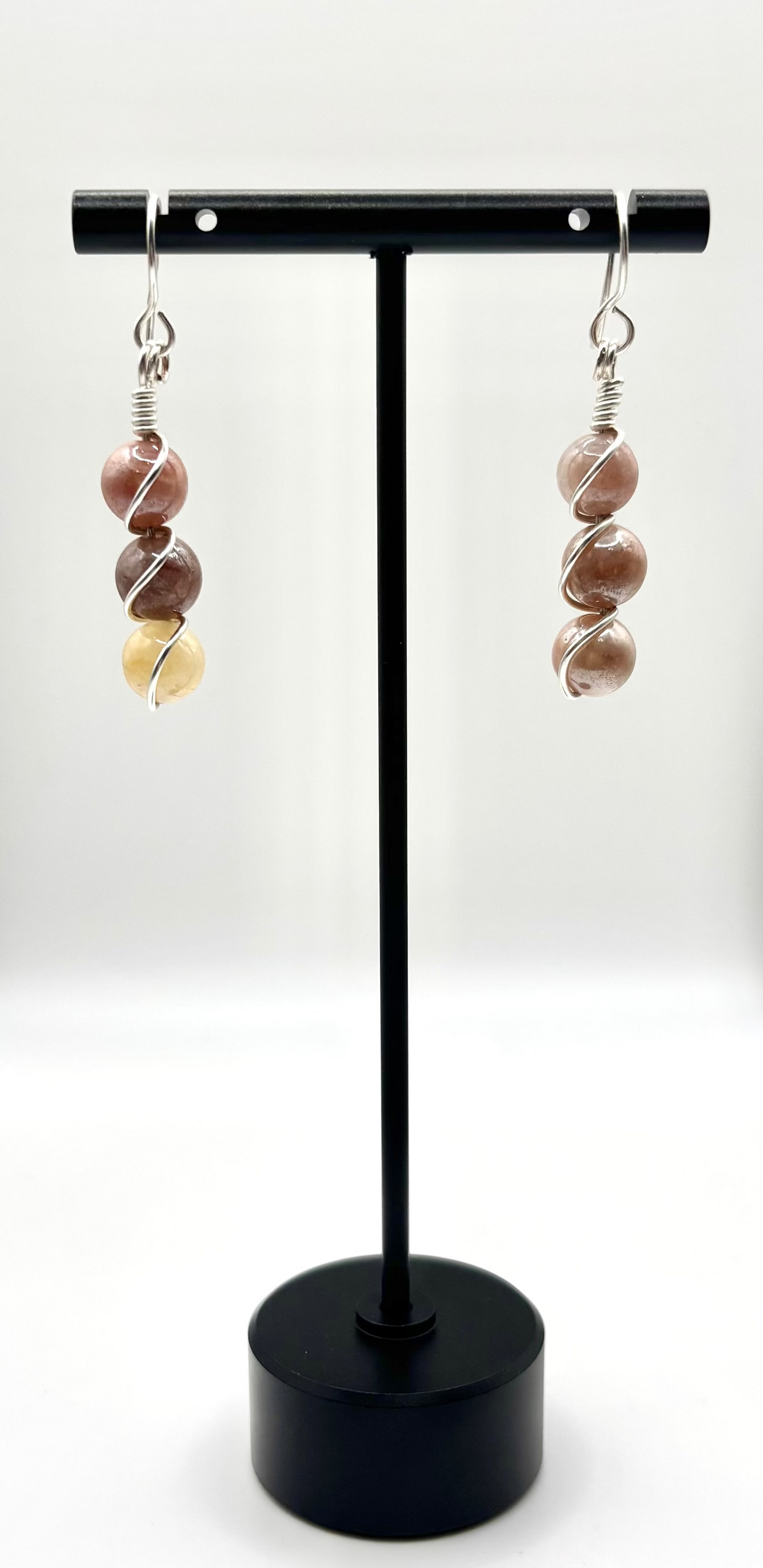 Round Agate Bead Jewelry Set – Wire-Wrapped Pendant Necklace & Coordinating Earrings