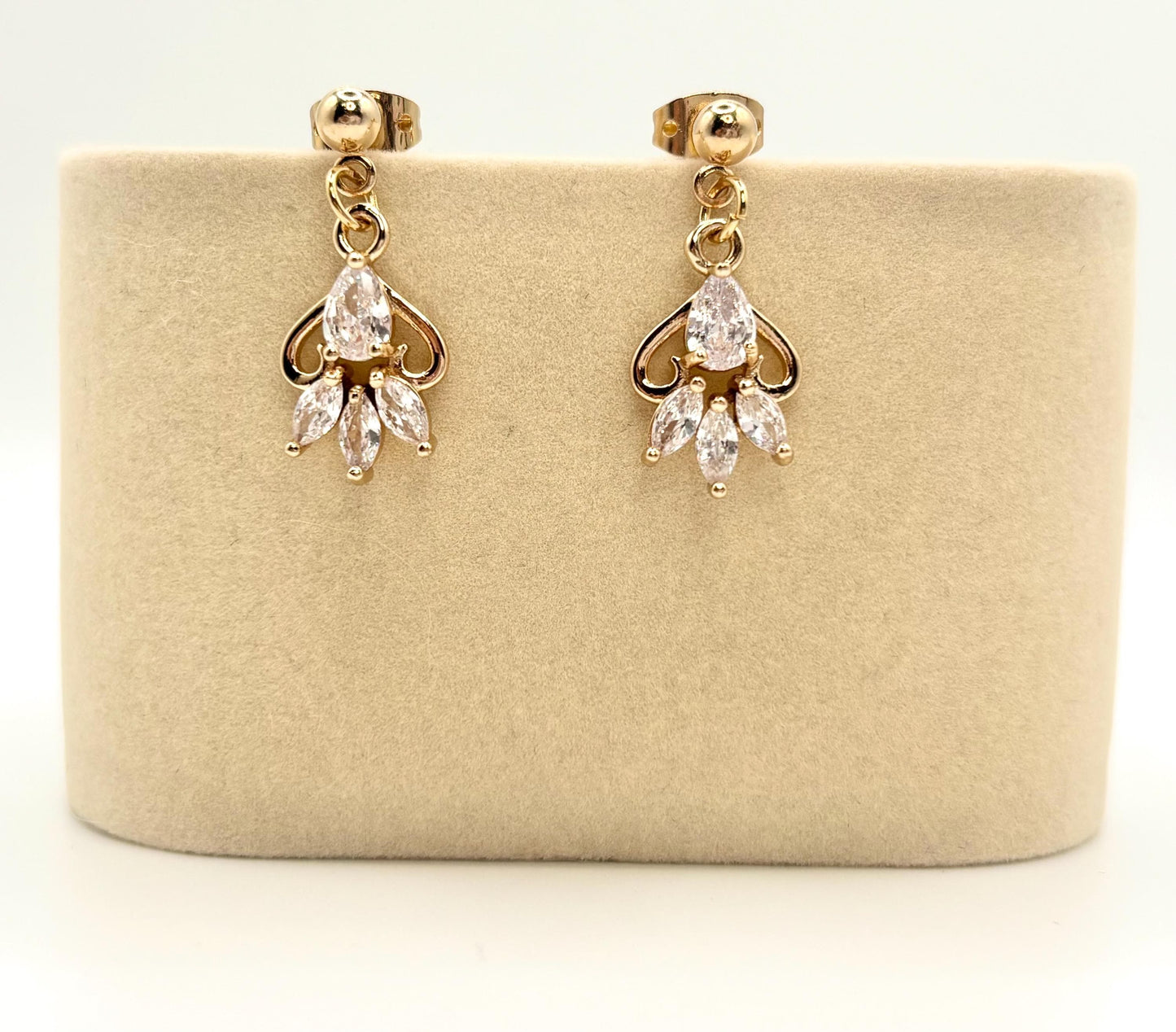 Small Dainty Gold Feather Leaf Teardrop Marquise Cut Cubic Zirconia Charm Stud Earrings
