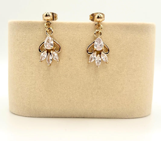 Small Dainty Gold Feather Leaf Teardrop Marquise Cut Cubic Zirconia Charm Stud Earrings