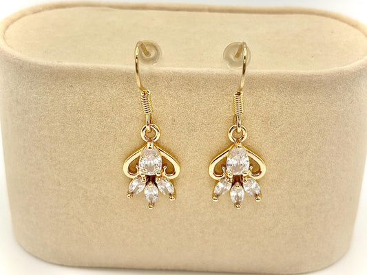 Small Dainty Gold Feather Leaf Teardrop Marquise Cut Cubic Zirconia Charm Hook Earrings