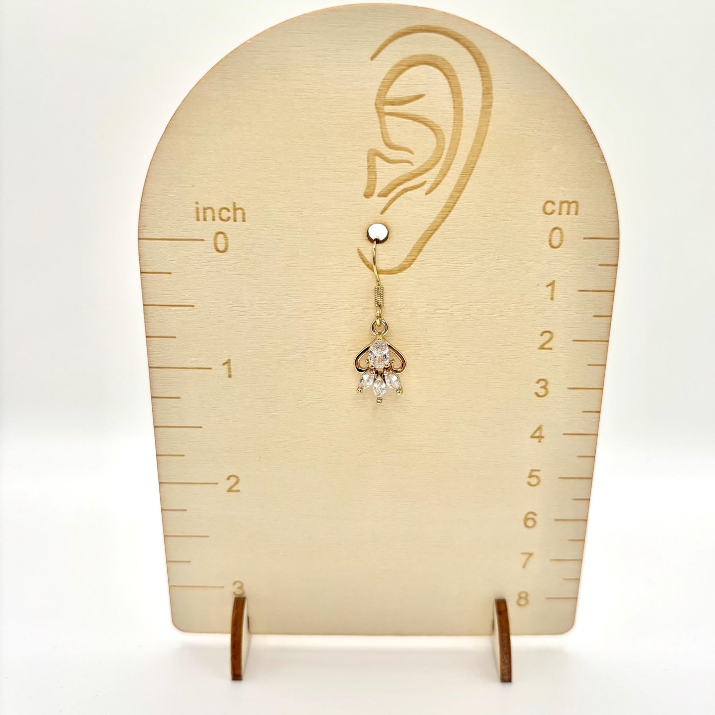 Small Dainty Gold Feather Leaf Teardrop Marquise Cut Cubic Zirconia Charm Hook Earrings