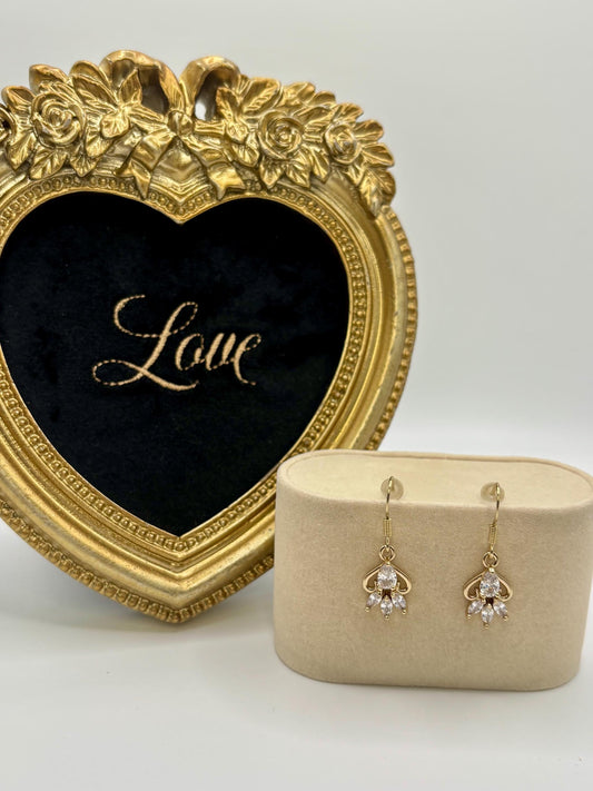 Small Dainty Gold Feather Leaf Teardrop Marquise Cut Cubic Zirconia Charm Hook Earrings