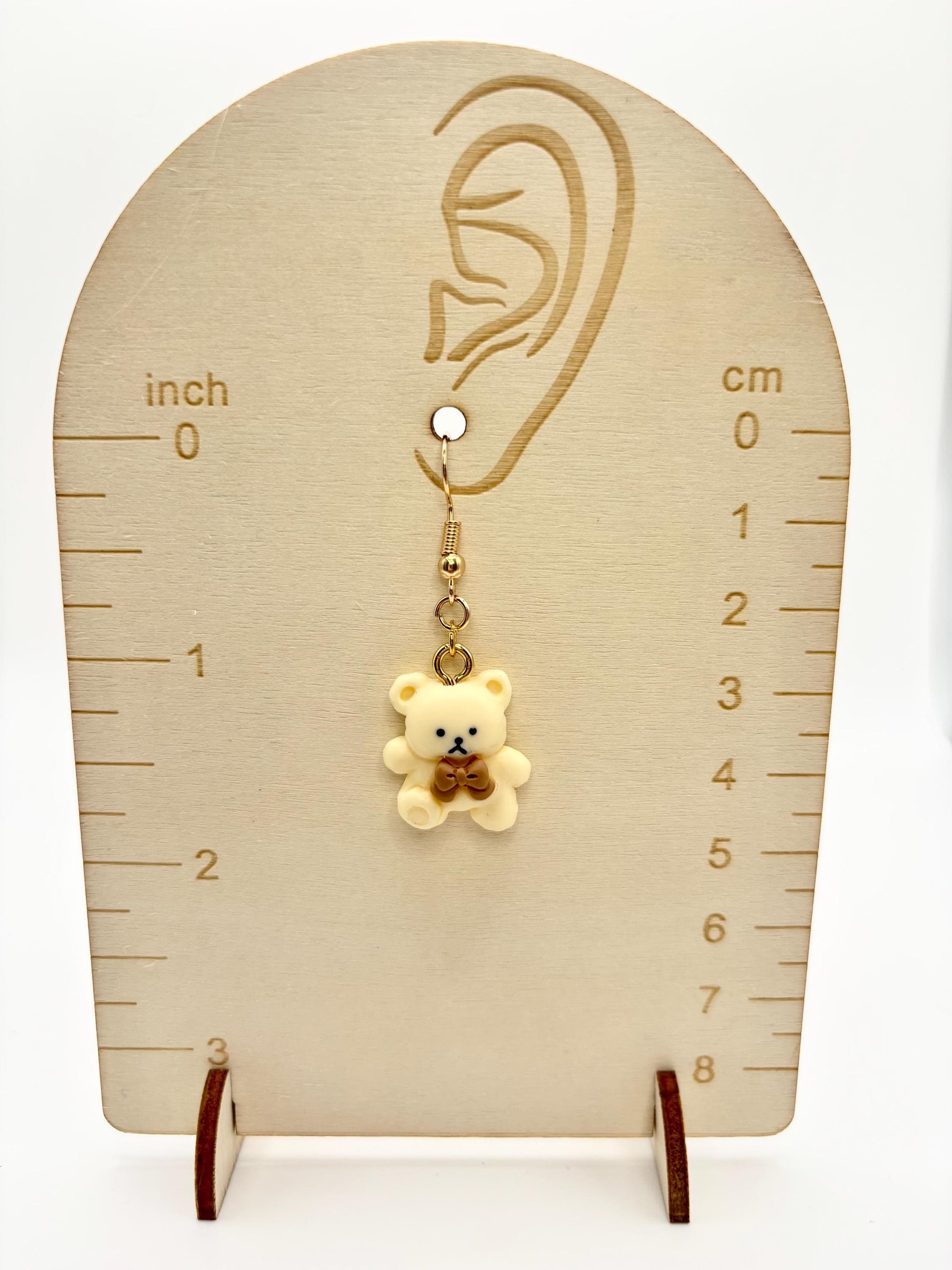 Cream Bow Tie Teddy Bear Dangle Earrings, Gold Tone Fish Hook Earrings