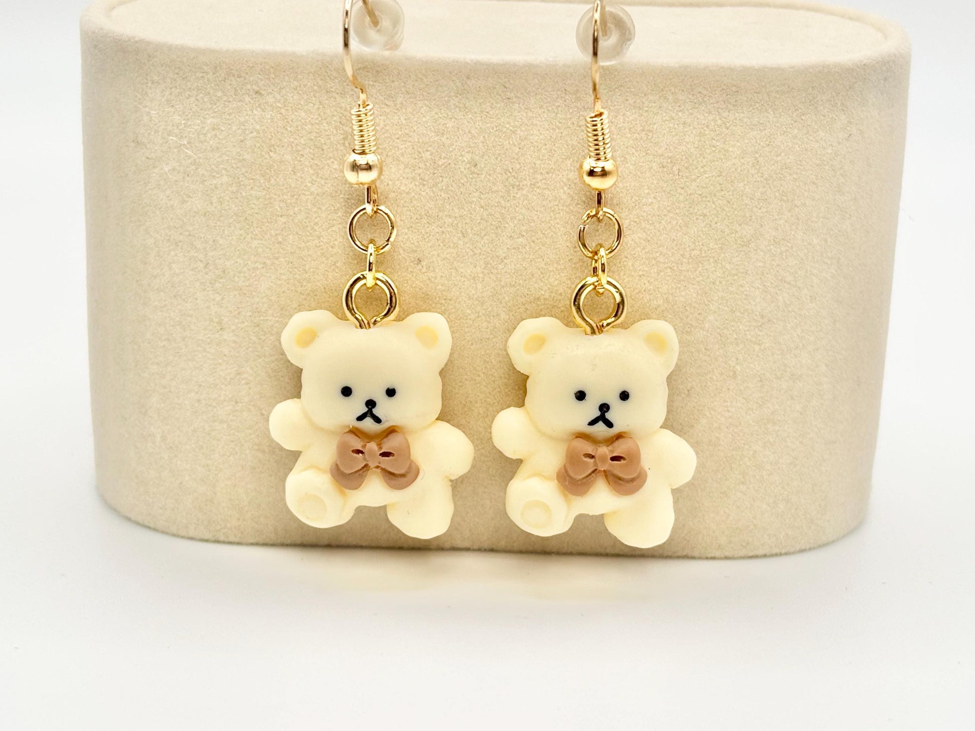 Cream Bow Tie Teddy Bear Dangle Earrings, Gold Tone Fish Hook Earrings