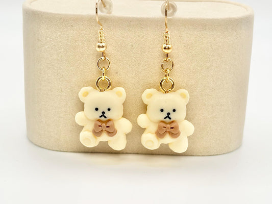 Cream Bow Tie Teddy Bear Dangle Earrings, Gold Tone Fish Hook Earrings