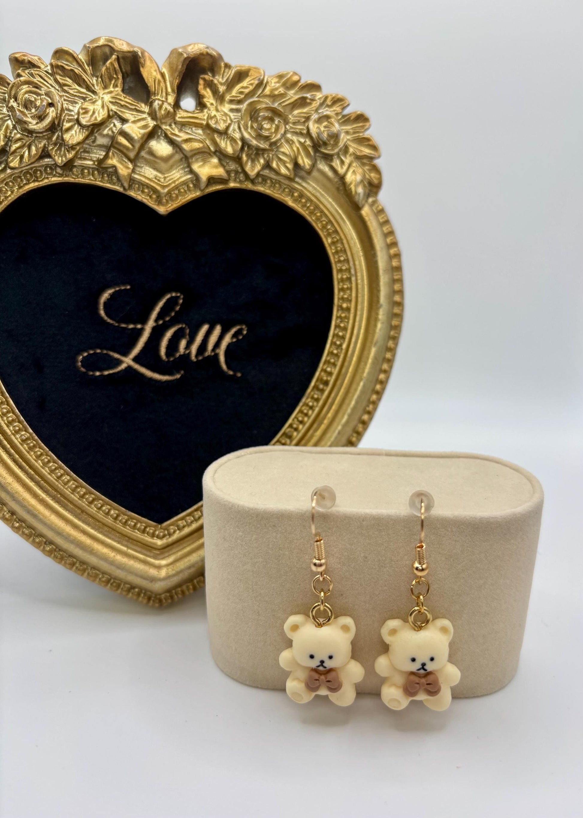 Cream Bow Tie Teddy Bear Dangle Earrings, Gold Tone Fish Hook Earrings