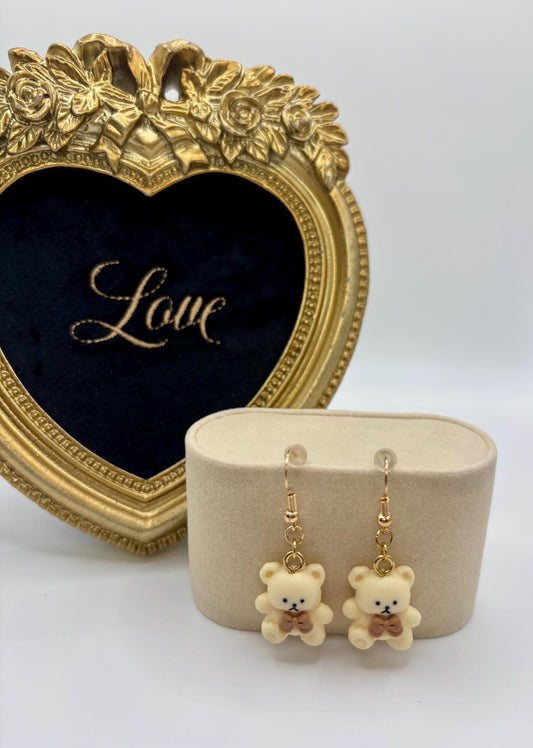 Cream Bow Tie Teddy Bear Dangle Earrings, Gold Tone Fish Hook Earrings